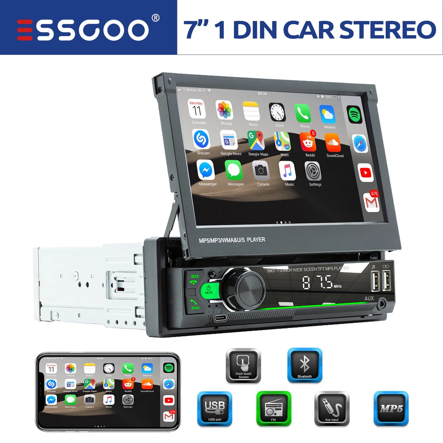 ESSGOO Car Stereo Head Unit MP5 Bluetooth Touch Screen USB