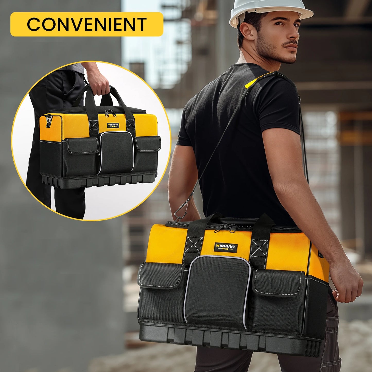 WINHUNT,Tool Bag, 20-inch Tool Organisers, 600 Denier Large Tool Bag for Home DIY & Equipment Storage, Yellow and Black