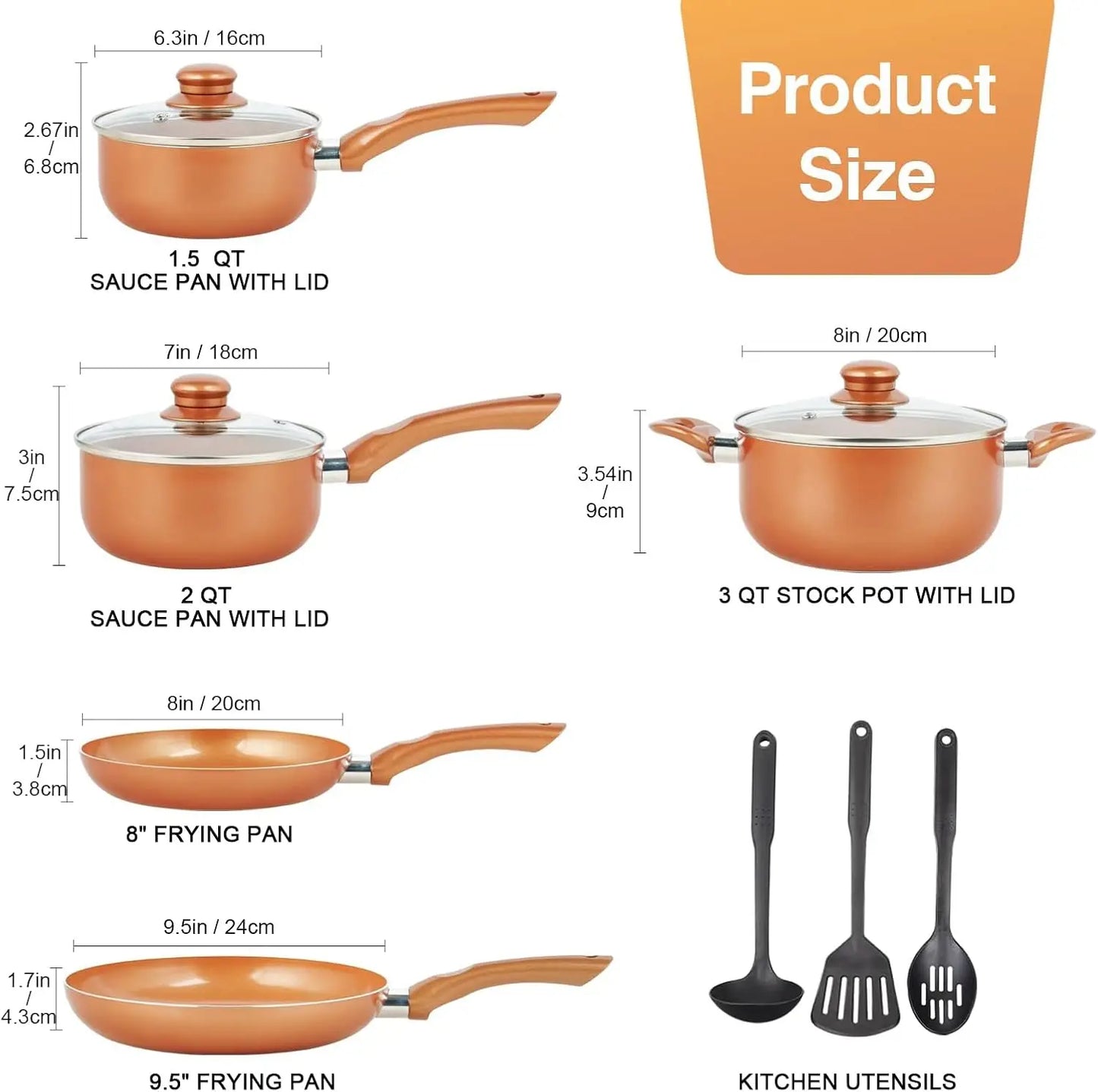 Hign Concerned 11 Piece Copper Ceramic Nonstick Cookware