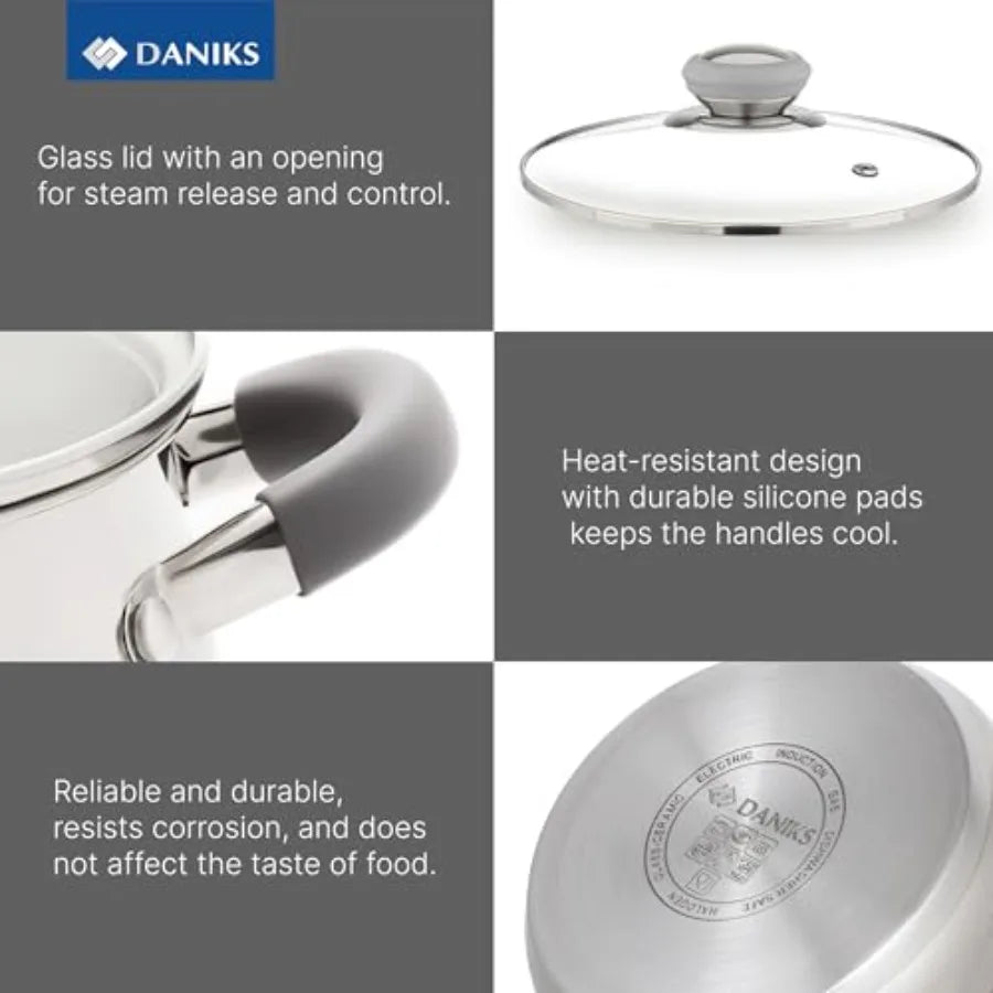 Modern 10-Piece Stainless Steel Cookware Set with Glass Lids Includes Saucepan Tri-Ply Bases for Even Heating Induction Compati