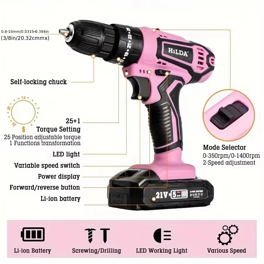 Hilda 21V Cordless Drill Kit With Battery And Bag Case