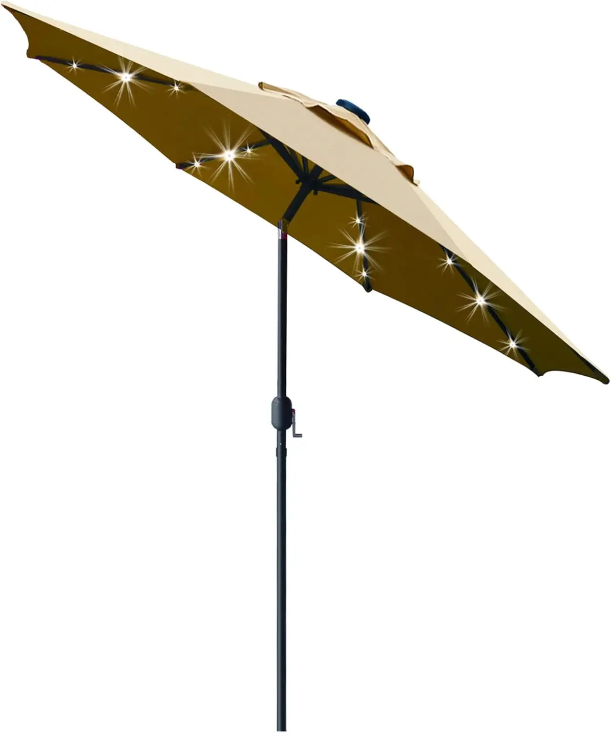 9' Solar LED Patio Umbrella with 8 Ribs, Tilt Adjustment, and Crank Lift System in Light Tan