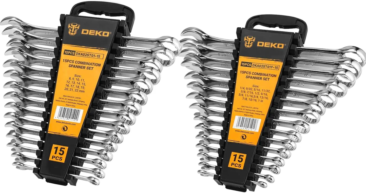 DEKOPRO Combination Wrench Set, SAE&Metric, 1/4'' to 1'' & 8-22mm, 12-Point, Chrome Vanadium Steel, with Plastic Tray