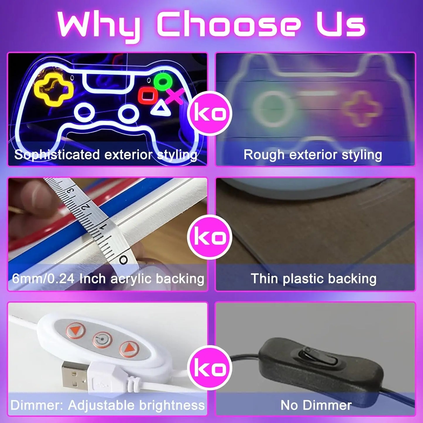 Gamer Neon Gamepad Shape Neon Gaming Sign for Boys Room, Dimmable LED Game Controller Neon USB Powered Colored Room Deco ration