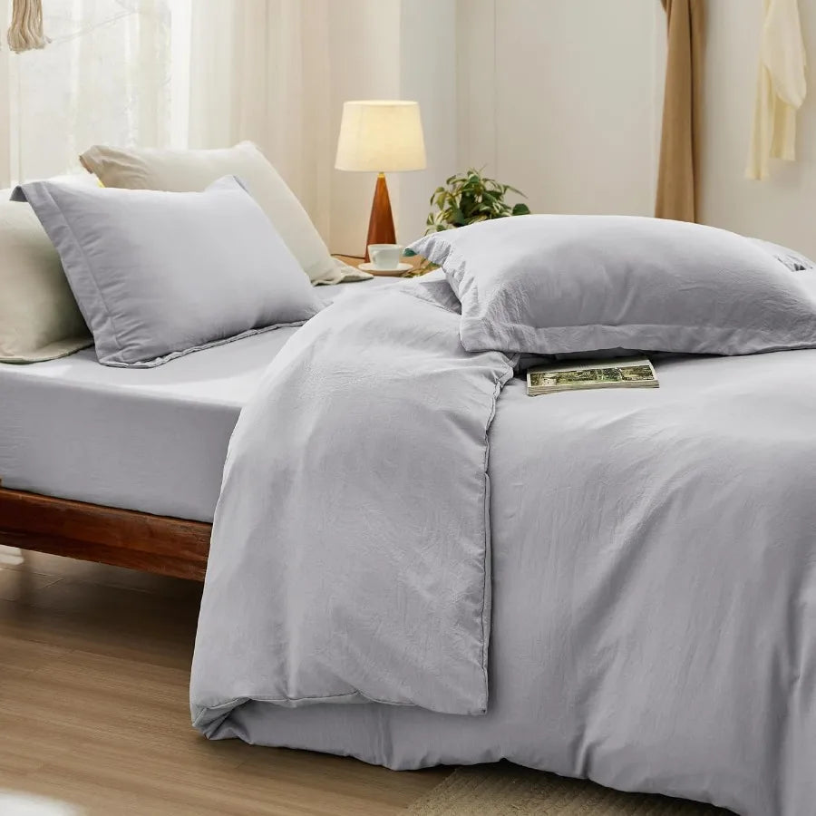 King Size Duvet Cover Set with Fitted Sheet - 4 Pieces Prewashed Cotton-Like Extra Soft Bedding in Light Grey Includes 1 Duvet