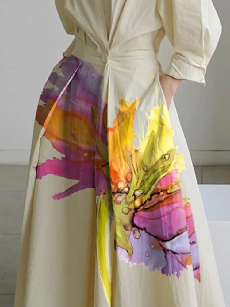 OSHOPLIVECN Floral Lapel Collar Pleated A Line Dress