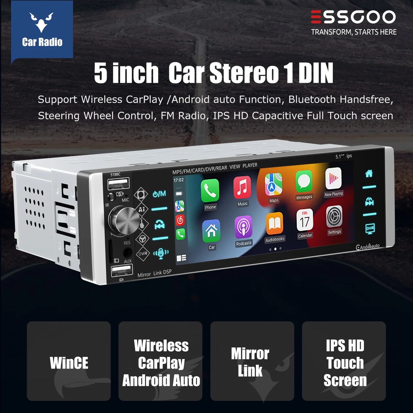ESSGOO Car Stereo Single Din With Apple CarPlay Android Auto