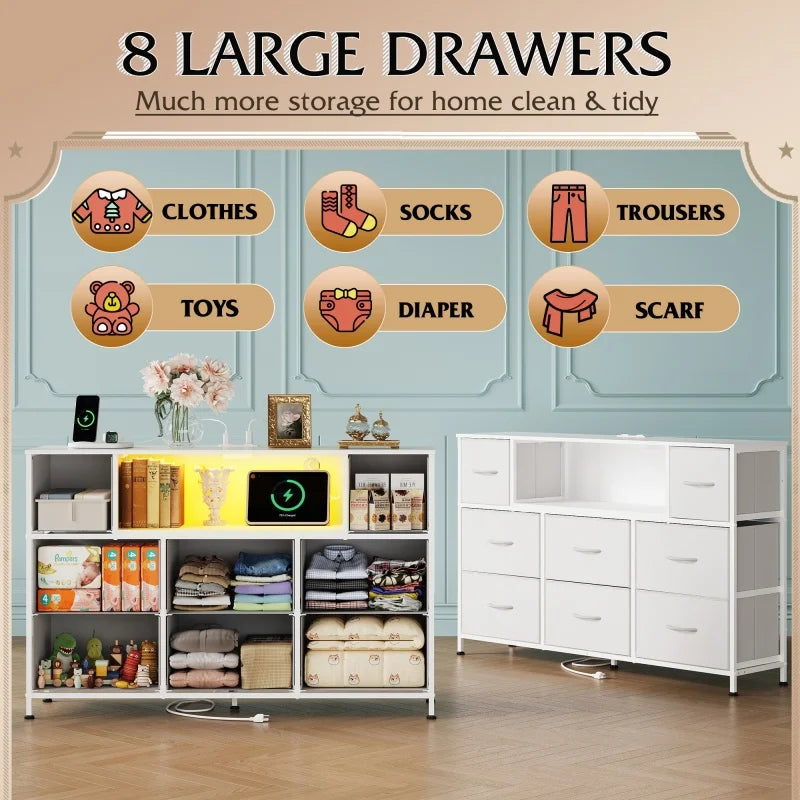 GALAXHERO 8 Drawer Fabric Dresser With Charging Station