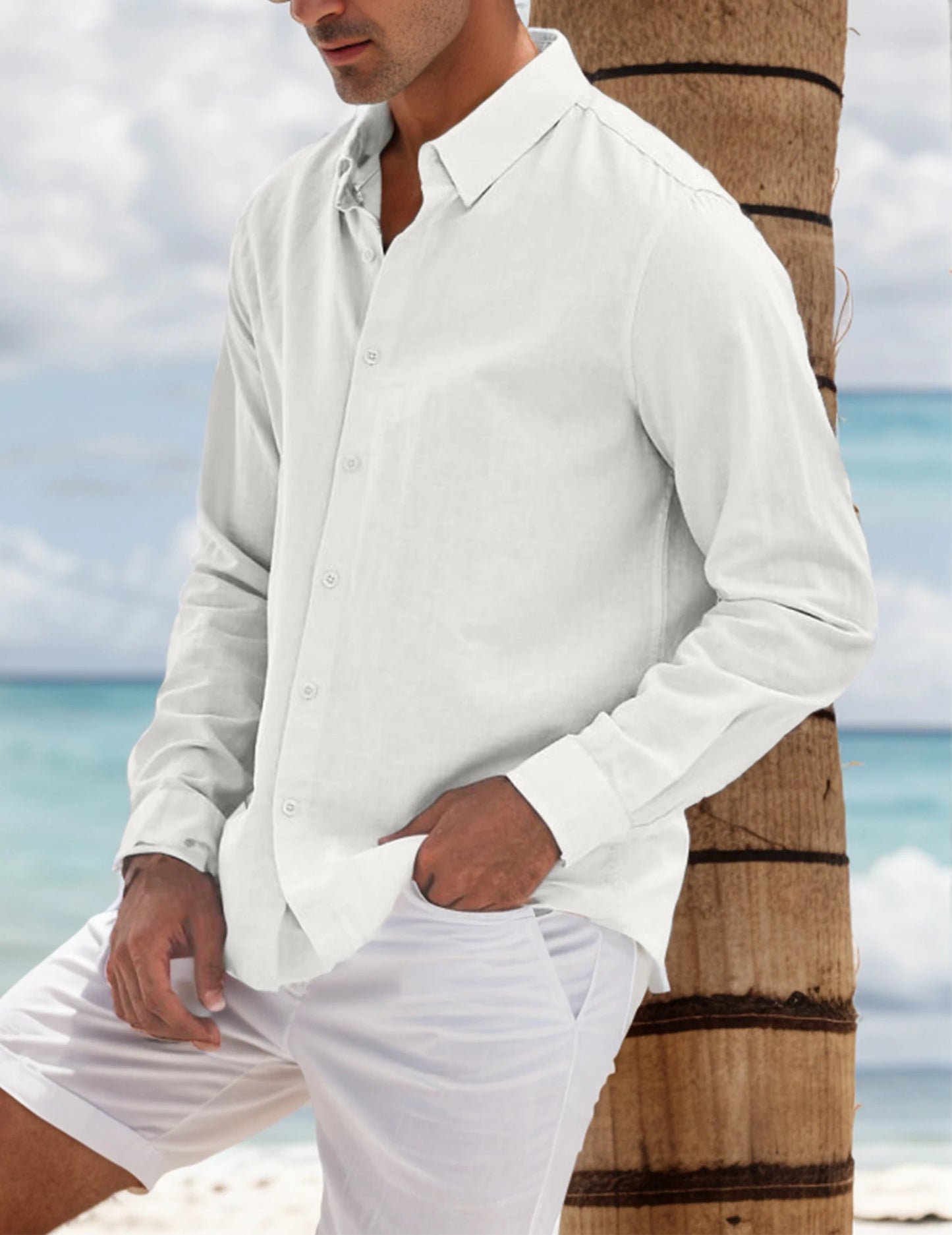 CN Guangdong Mens Cotton Linen Collared Button Up Shirt