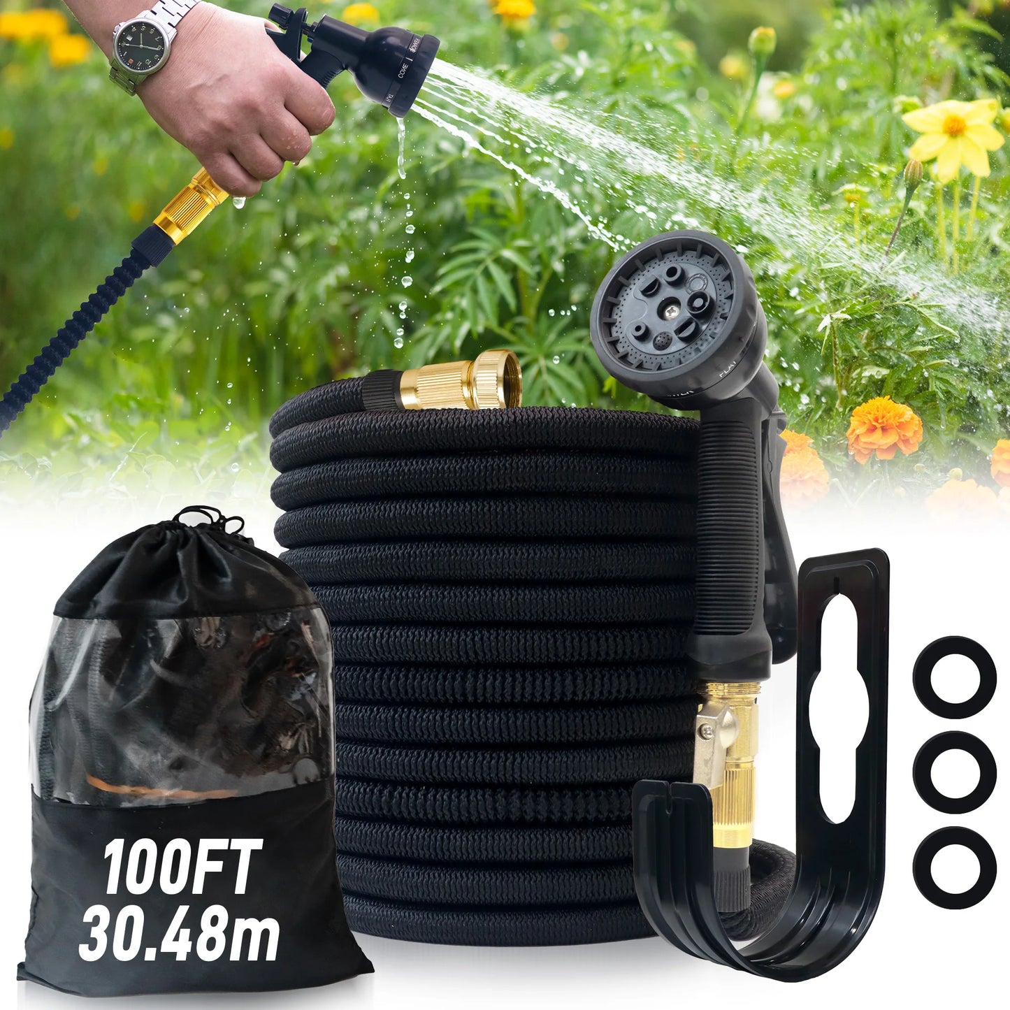 Expandable Garden Hose With Spray Nozzle No Kink Lightweight Durable