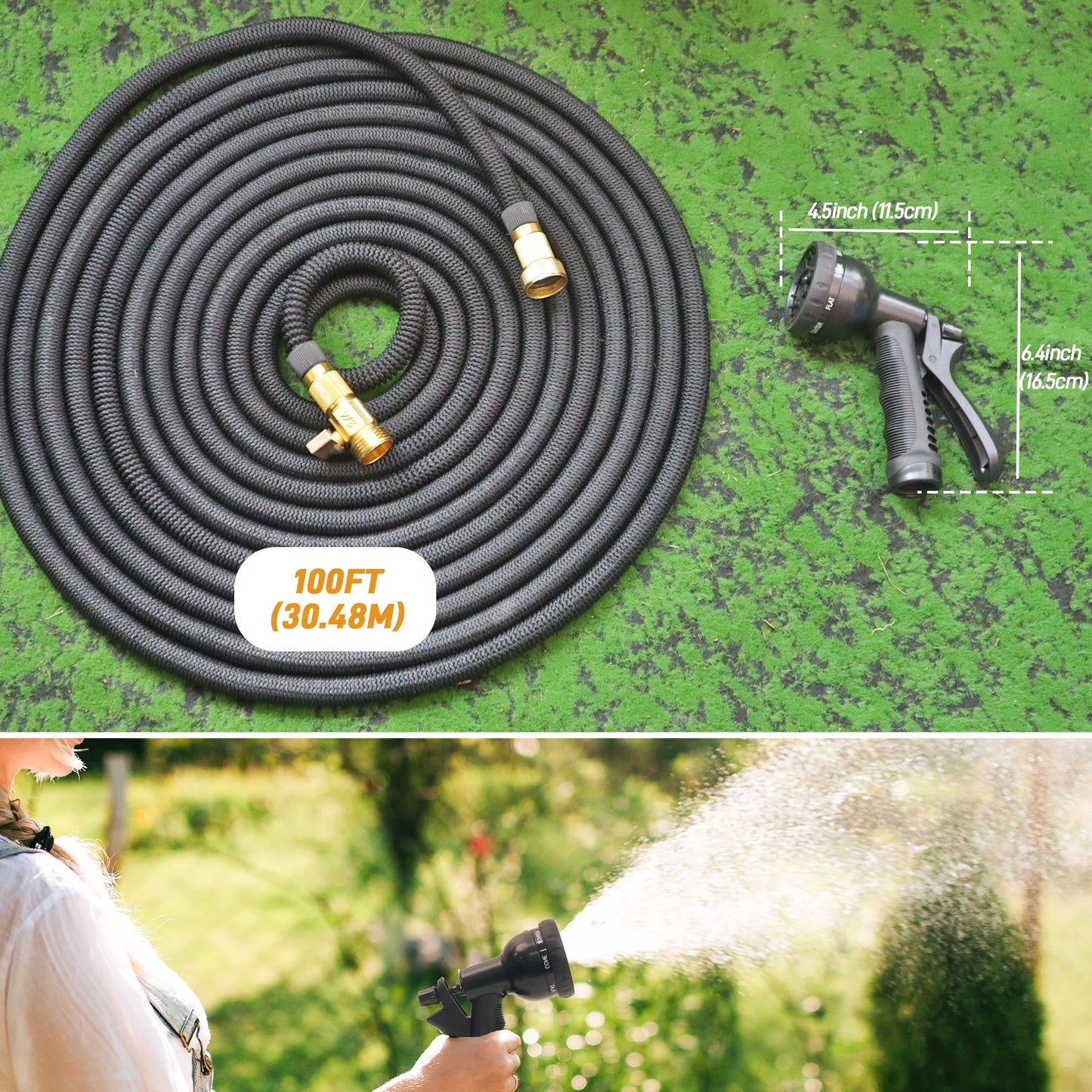 Expandable Garden Hose With Spray Nozzle No Kink Lightweight Durable