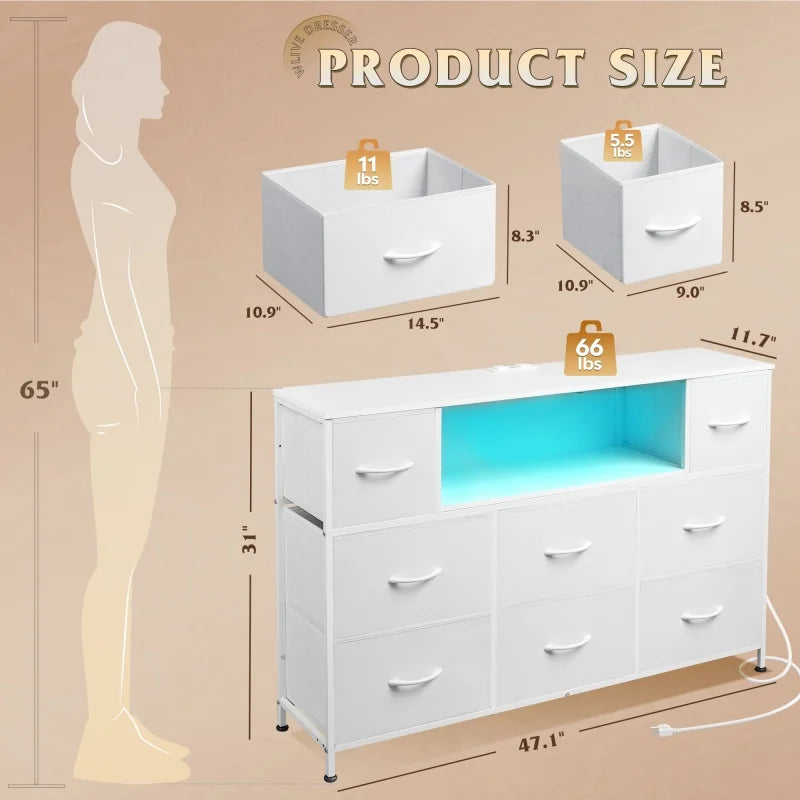 GALAXHERO 8 Drawer Fabric Dresser With Charging Station
