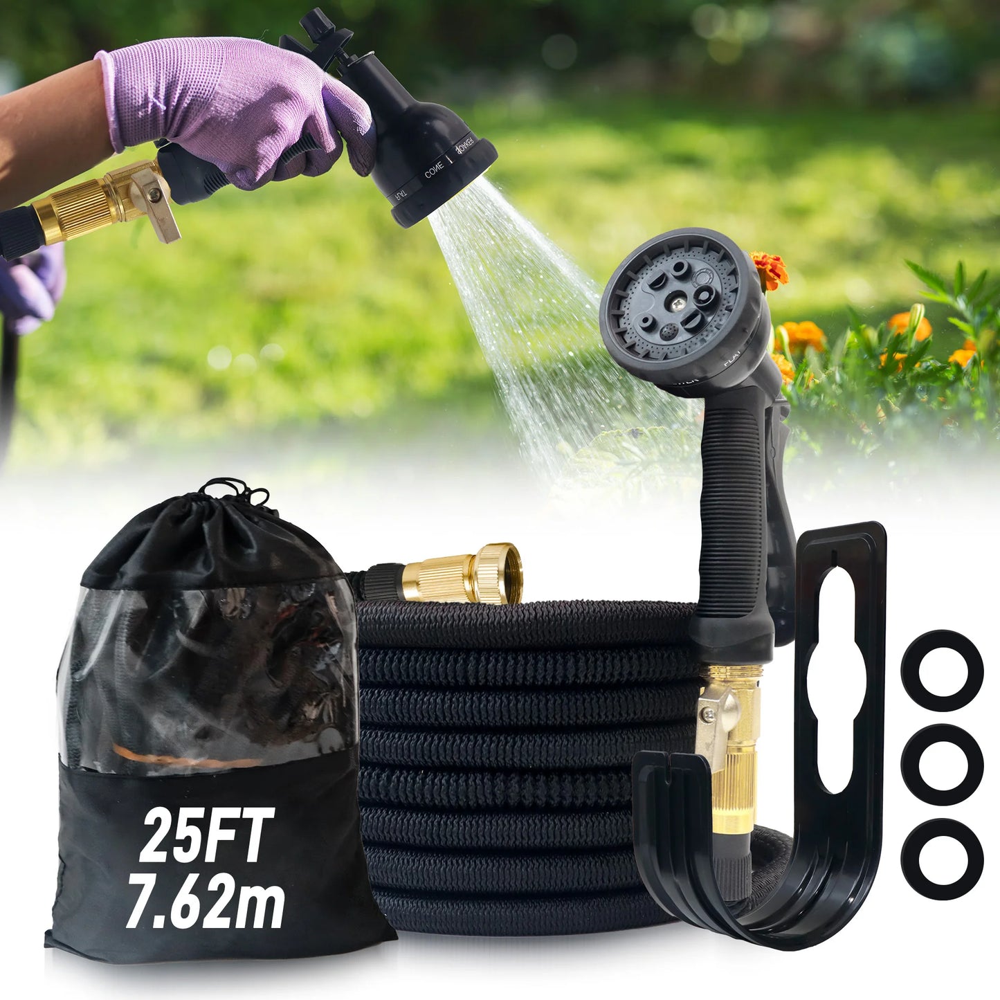 Expandable Garden Hose With Spray Nozzle No Kink Lightweight Durable