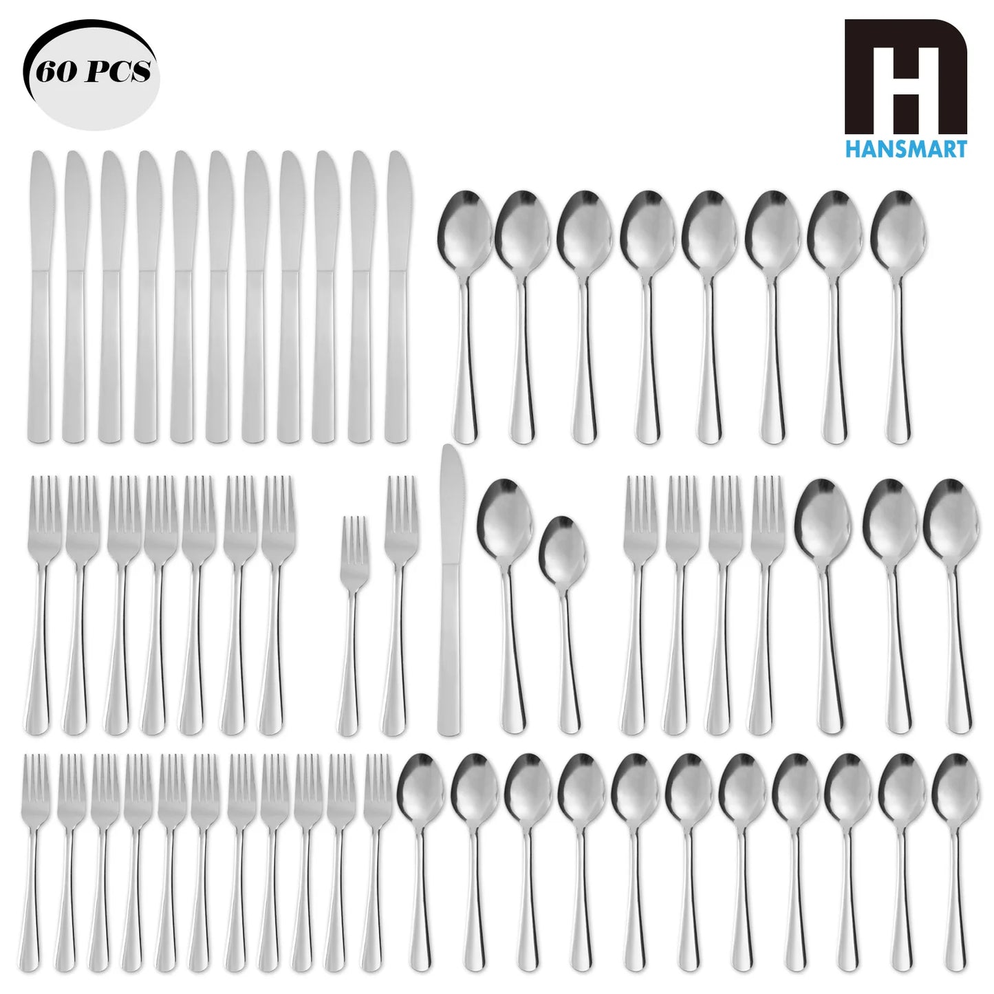 HANSMART 60Pcs Stainless Steel Flatware Set For 12 With Dinner Forks Salad Forks Spoons and Knives Dishwasher Safe