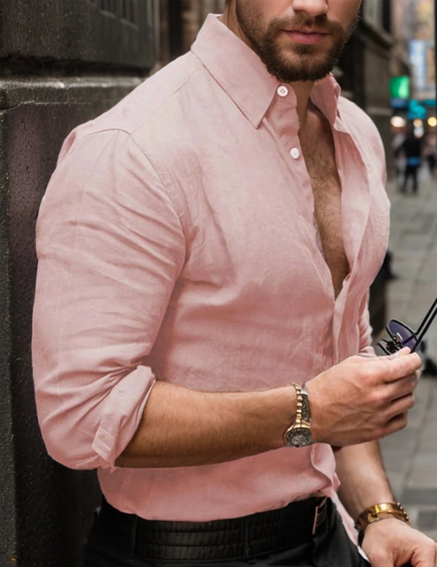 CN Guangdong Mens Cotton Linen Collared Button Up Shirt