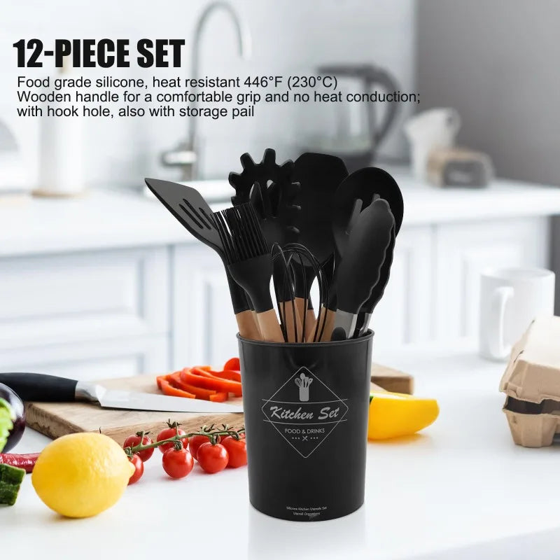 12 Piece Silicone Kitchen Utensils Set With Wood Handles