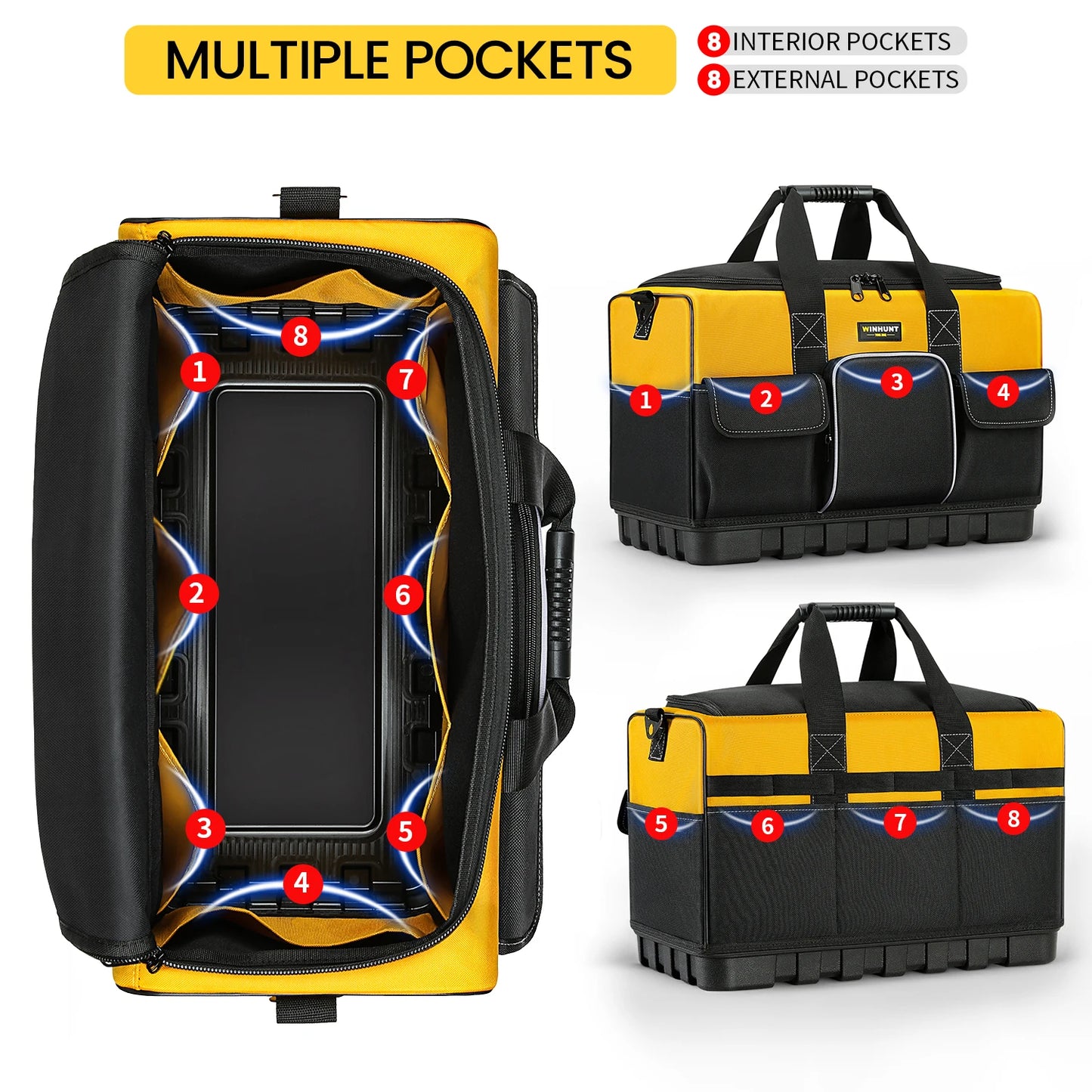 WINHUNT,Tool Bag, 20-inch Tool Organisers, 600 Denier Large Tool Bag for Home DIY & Equipment Storage, Yellow and Black
