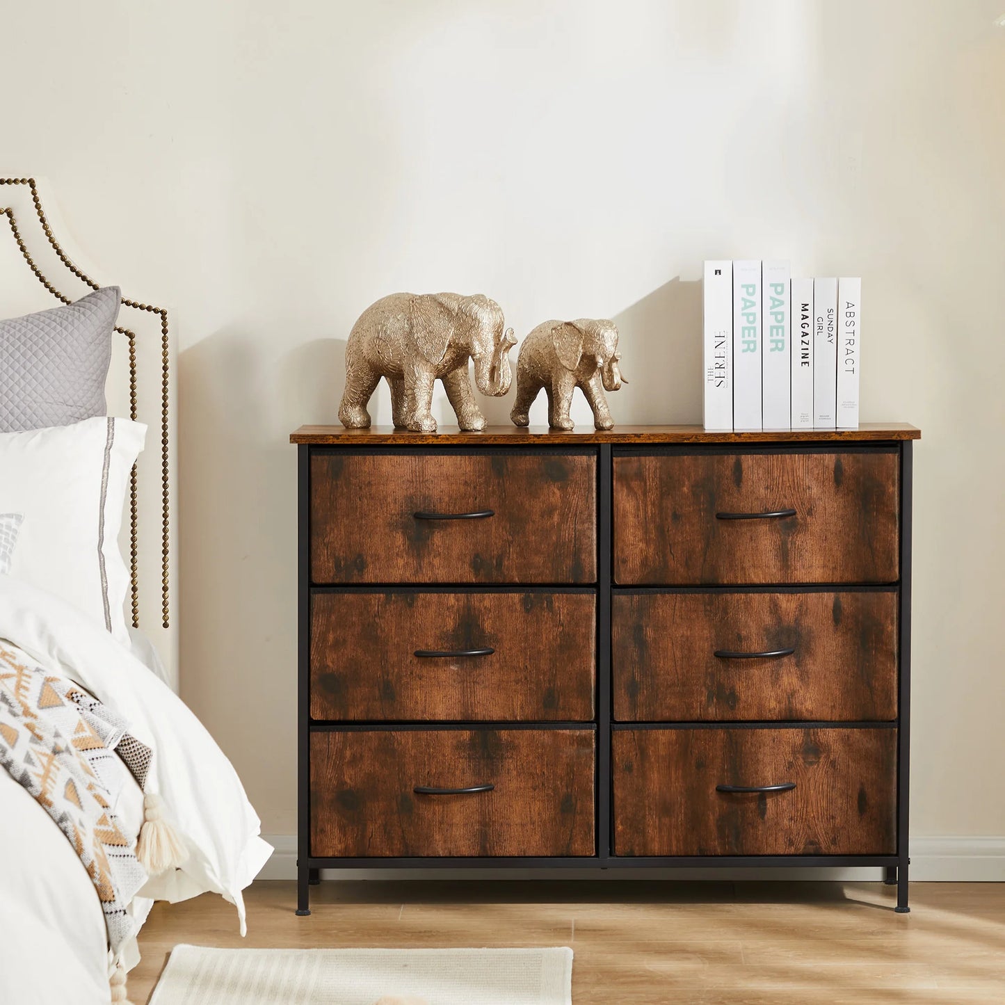 JHK Nightstand 6 Fabric Drawers Dresser For Bedroom Bedside Sofa Table With Storage Closet Chest Display Cabinet Furniture