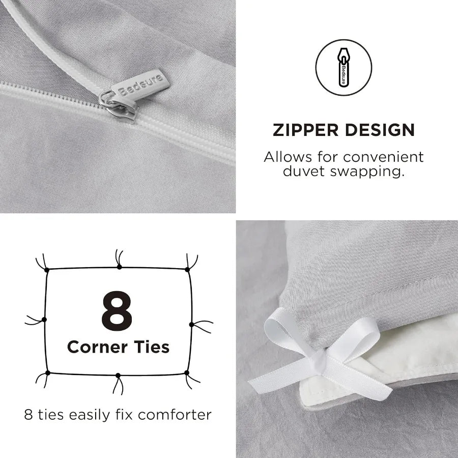 King Size Duvet Cover Set with Fitted Sheet - 4 Pieces Prewashed Cotton-Like Extra Soft Bedding in Light Grey Includes 1 Duvet