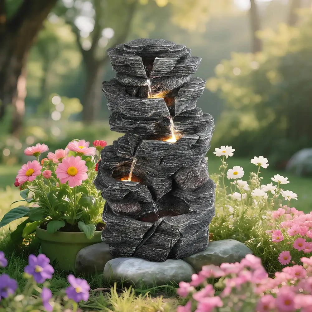 Outdoor Water Fountain with LED Warm Light Cascading Rock Water Fountain Patio Water Features Fountain Garden Waterfall Decor