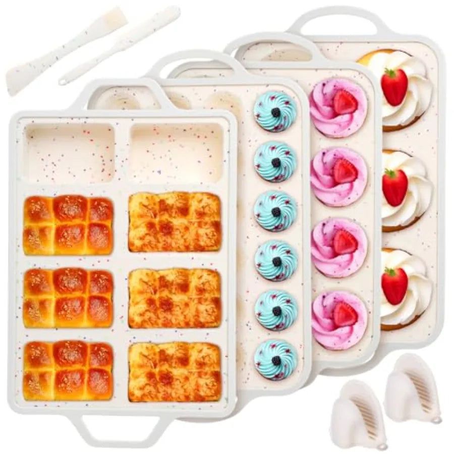 7 Pcs Silicone Baking Pan Set Nonstick Bakeware Set with 4 Molds Loaf Muffin Mini Muffin Round Spatula Dual-head Pastry Brush O