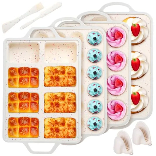 7 Pcs Silicone Baking Pan Set Nonstick Bakeware Set with 4 Molds Loaf Muffin Mini Muffin Round Spatula Dual-head Pastry Brush O