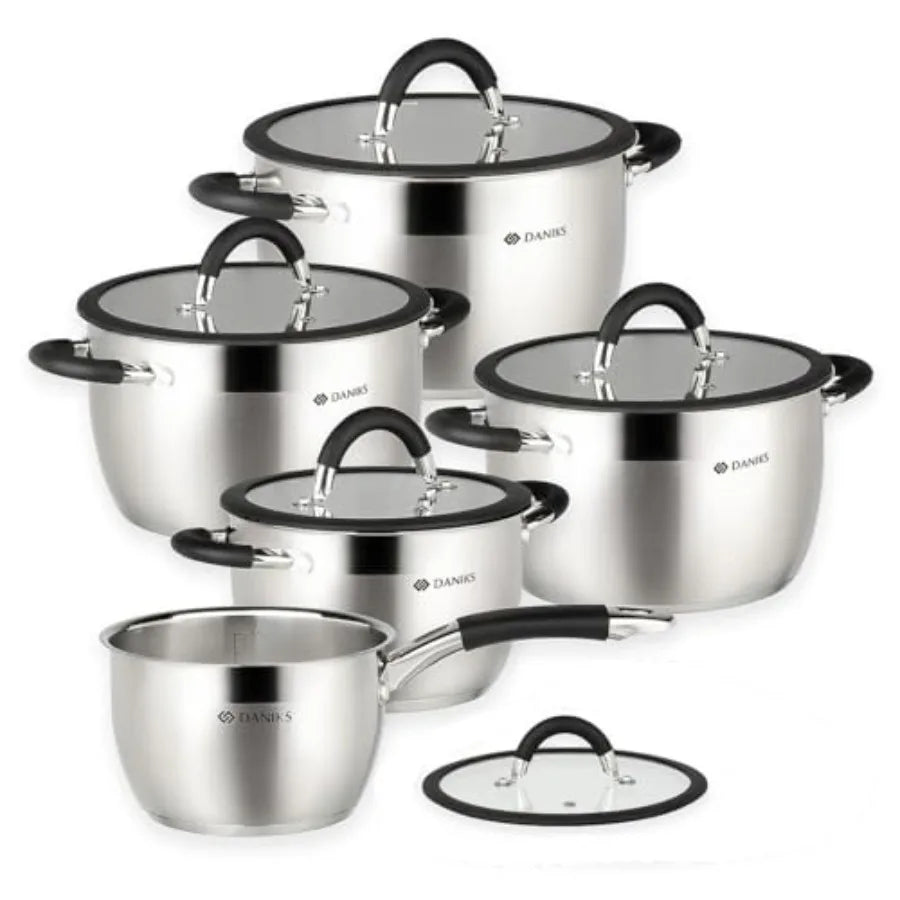 Orlando 10-Piece Stainless Steel Cookware Set with Glass Lids Includes Saucepan Tri-Ply Bases for Even Heating Induction Compat