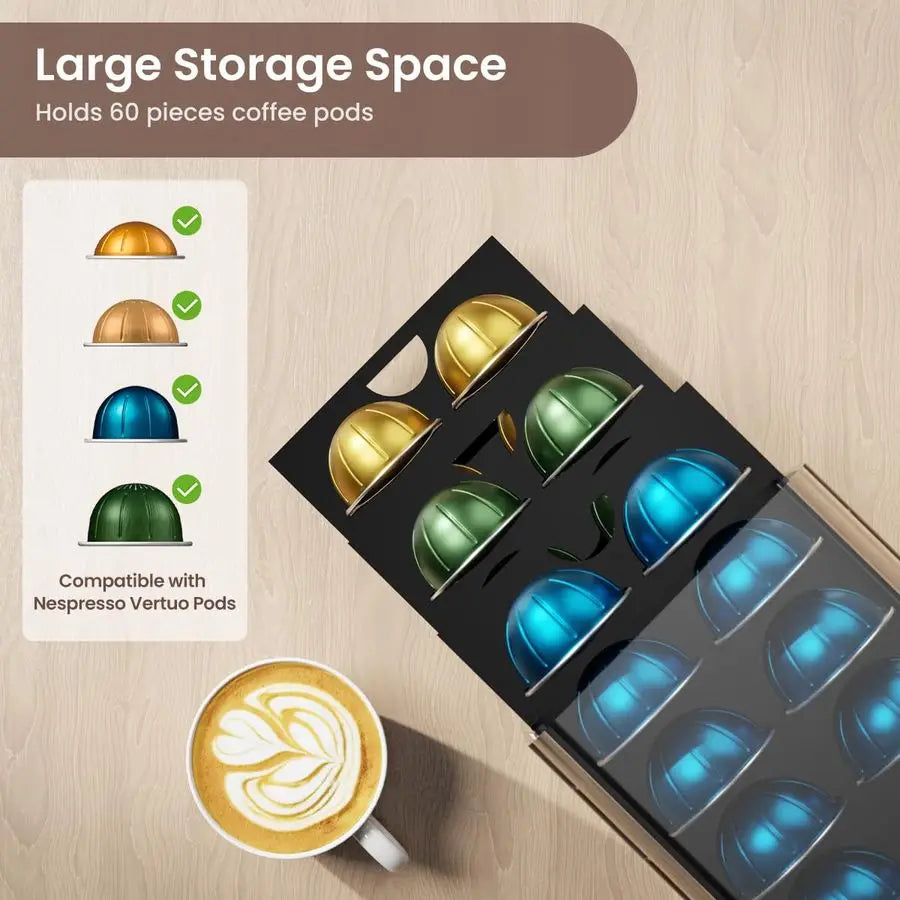 Coffee Pod Drawer for Nespresso Vertuo Capsules, 3 Tier 60 Capacity Pods Organizer for Countertop Coffee Bar Home Office Kitchen