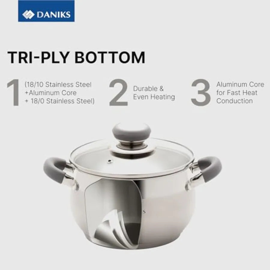 Modern 10-Piece Stainless Steel Cookware Set with Glass Lids Includes Saucepan Tri-Ply Bases for Even Heating Induction Compati