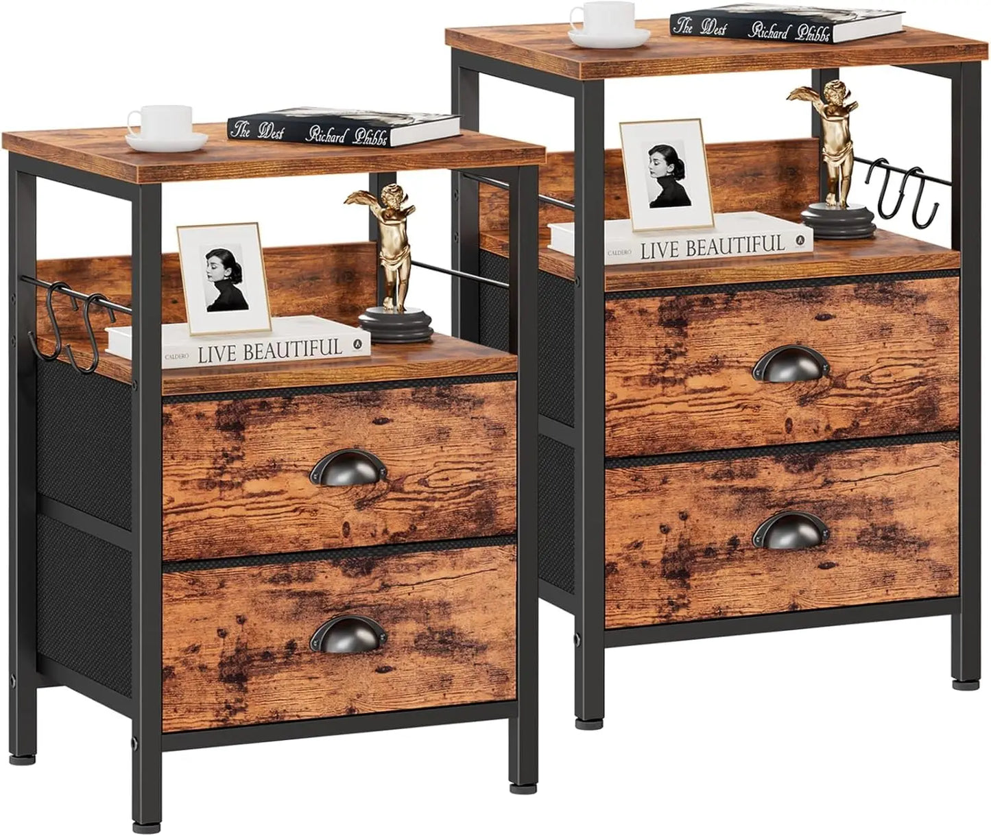 Frame Nightstands Set 2 End Tables With Fabric Drawers