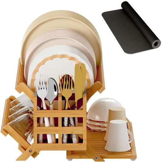 Bamboo Dish Drying Rack with Utensil Holder, 3 Tier Collapsible Dish Rack, Wooden Dish Racks for Kitchen Counter, Large Folding