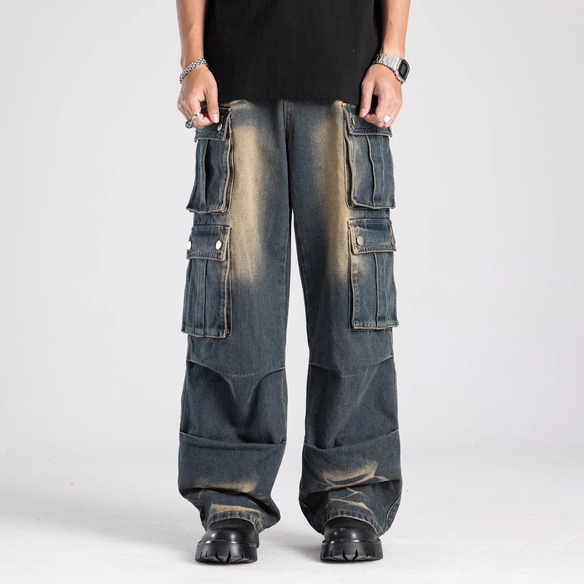 CN Zhejiang Mens Washed Cargo Baggy Jeans Denim Pants