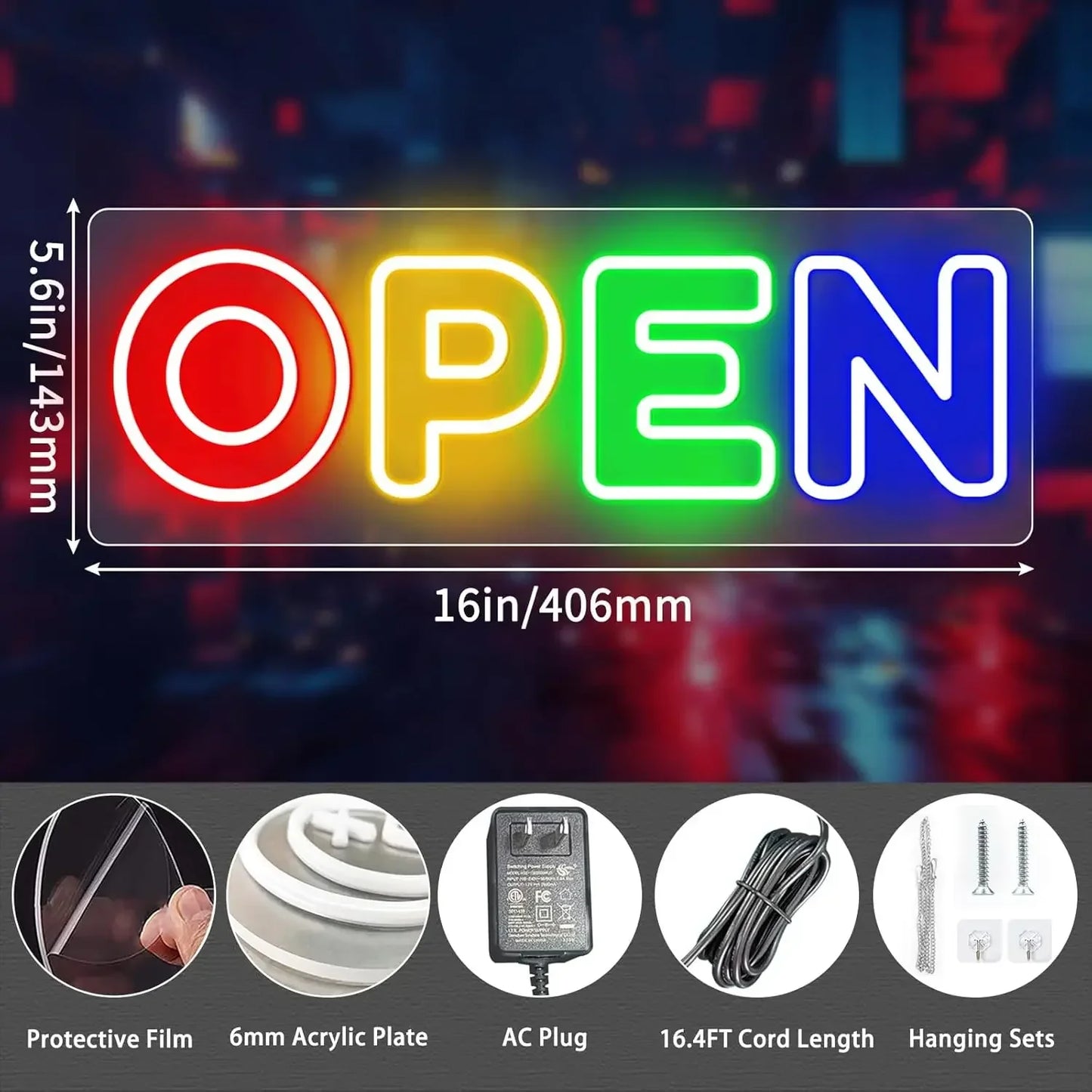 "OPEN" 4 Color LED Neon Sign Super Bright Commercial Window Glass Door Store Bar Restaurant Commercial Lighting USB Powered 16"