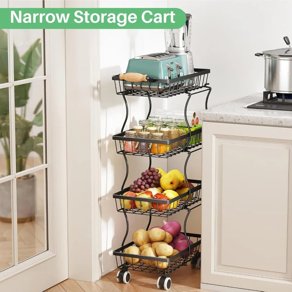 Fruit Basket Kitchen Pantry Organizers and Storage - 4 Tier Stackable Metal Wire Basket Stand for Fruit Vegetable Snacks Jars Bi
