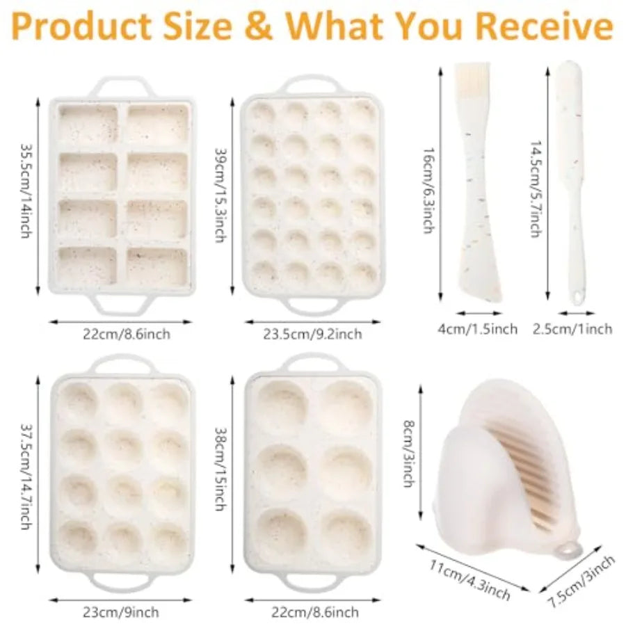 7 Pcs Silicone Baking Pan Set Nonstick Bakeware Set with 4 Molds Loaf Muffin Mini Muffin Round Spatula Dual-head Pastry Brush O