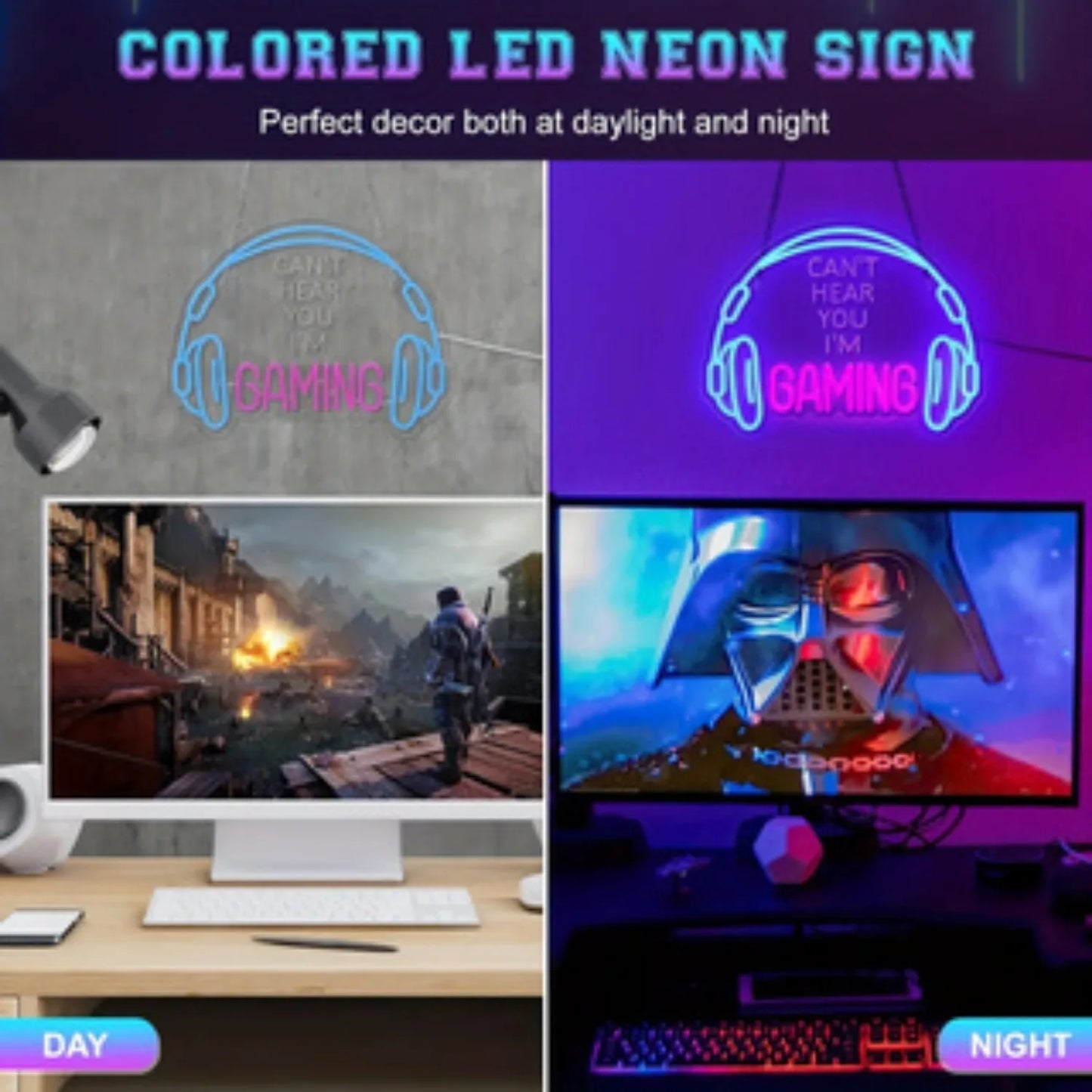 Can't Hear You I'm Gaming Neon Sign, LED Headphone Gaming Neon USB Powered Lighting Gaming Area Video Room Bedroom Wall Decor