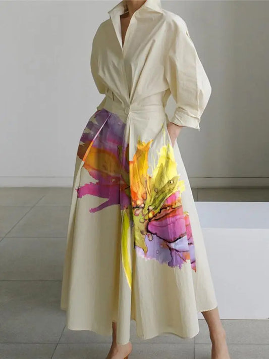 OSHOPLIVECN Floral Lapel Collar Pleated A Line Dress