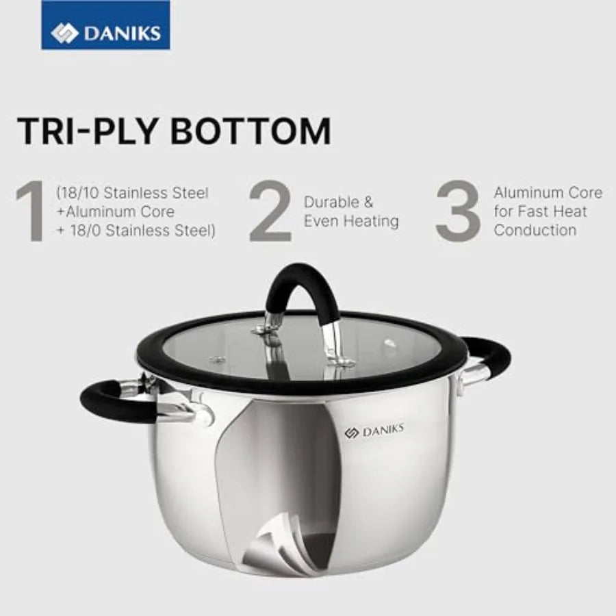 Orlando 10-Piece Stainless Steel Cookware Set with Glass Lids Includes Saucepan Tri-Ply Bases for Even Heating Induction Compat