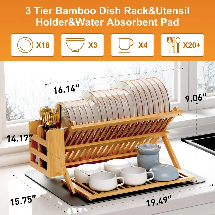 Bamboo Dish Drying Rack with Utensil Holder, 3 Tier Collapsible Dish Rack, Wooden Dish Racks for Kitchen Counter, Large Folding
