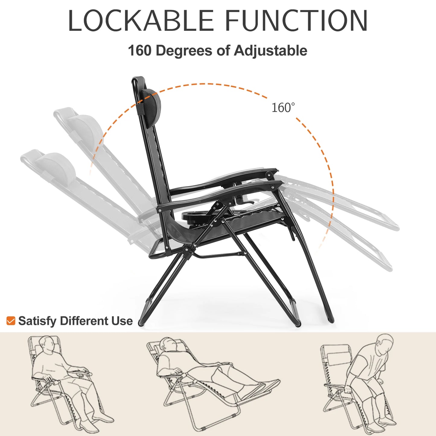 JHK Zero Gravity Portable Recliner Set With Cup Holder Trays