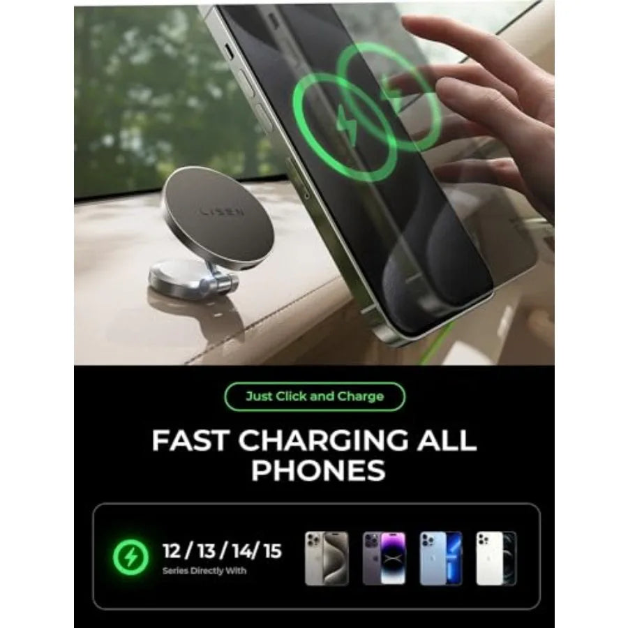 360 Rotatable Mag Safe Car Charger Dashboard Mount with Ultra Strong Magnetic Wireless Charging for iPhone 16 Pro Max Compatibl