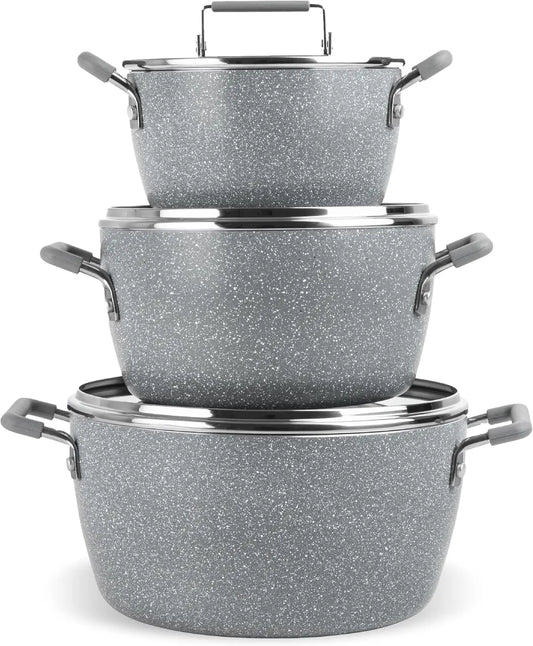 Nonstick Stackable Cooking Pots Set, 6-Piece Gray Granite Coating, Space-Saving Kitchen Cookware with Lids for Home Chefs