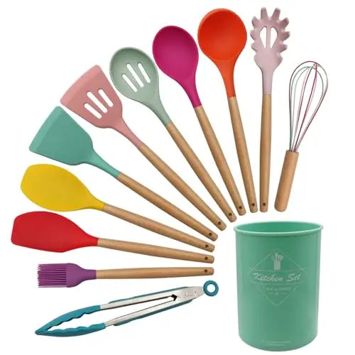 12 Piece Silicone Kitchen Utensils Set With Wood Handles