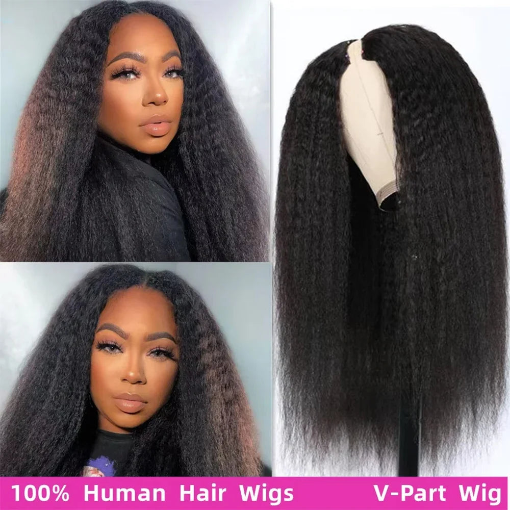 V Part Kinky Straight Wig Human Hair 220% Density 32 40 Inch V Shape Clip in Half Wigs No Leave Out No Sew In Wig Natural Color