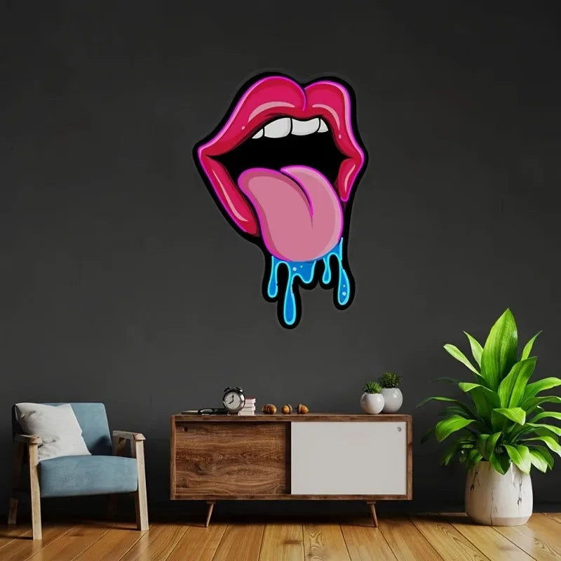 Pink Lips and Tongue LED Neon Sign - Glowing Wall Signs for Room Decoration USB Powered UV Panel Wedding Bar Decoration Signs