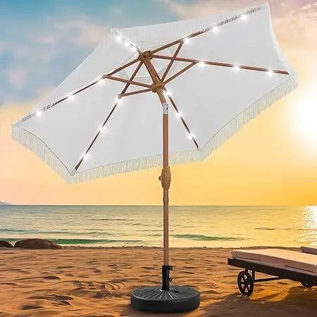 7.5 ft Fringe Patio Umbrella with Base, Stylish Tassel Umbrella with 18 LED Solar Lights for Outdoor Shade and Illumination,