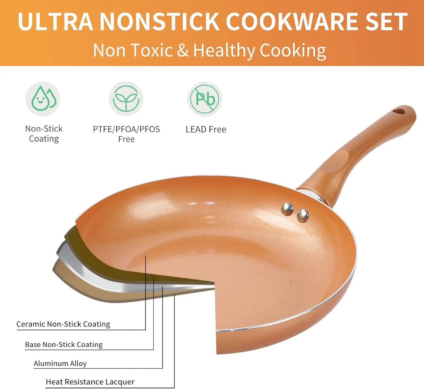 Hign Concerned 11 Piece Copper Ceramic Nonstick Cookware