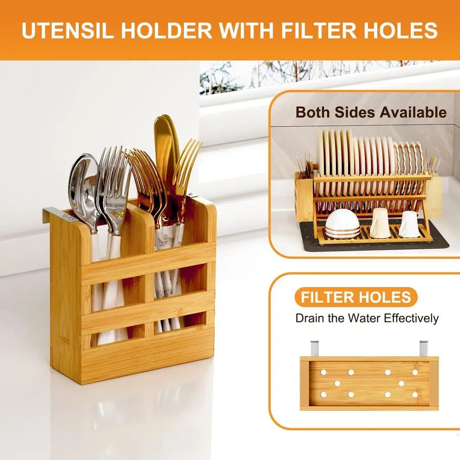 Bamboo Dish Drying Rack with Utensil Holder, 3 Tier Collapsible Dish Rack, Wooden Dish Racks for Kitchen Counter, Large Folding