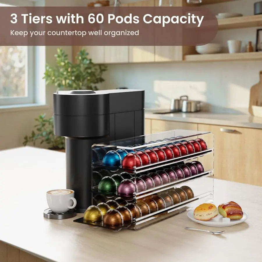 Coffee Pod Drawer for Nespresso Vertuo Capsules, 3 Tier 60 Capacity Pods Organizer for Countertop Coffee Bar Home Office Kitchen