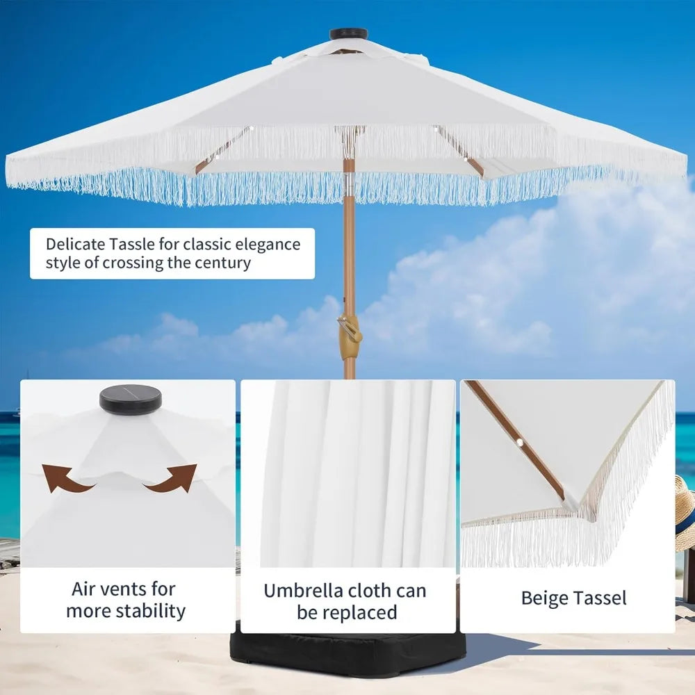 7.5 ft Fringe Patio Umbrella with Base, Stylish Tassel Umbrella with 18 LED Solar Lights for Outdoor Shade and Illumination,